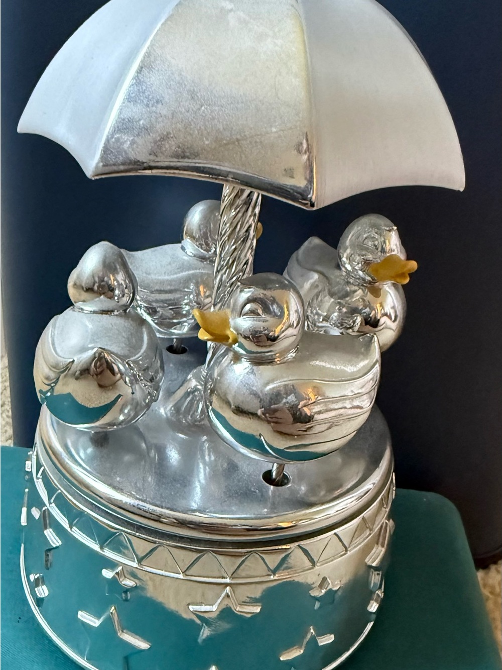 Reed & Barton Silver and Teal Duck Carousel Music Box